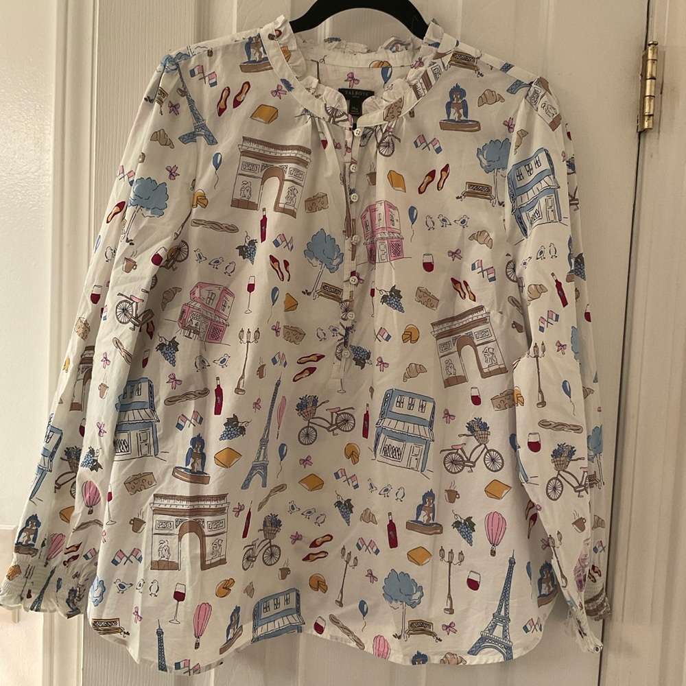 Talbots Paris France French popover Cream Multicolor Printed Blouse 23” by 26”